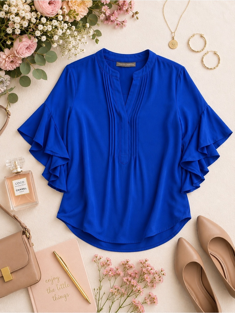 NWT Vince Camuto Split Neck Ruffle Sleeve Blouse Deep Azure Size XS - Picture 15 of 15
